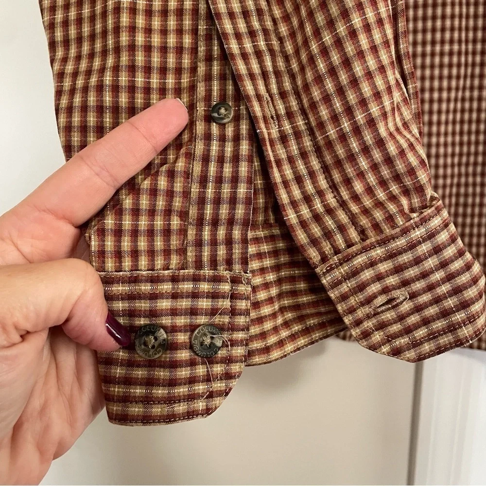 Columbia Long Sleeved Button Down Shirt Burgundy Tan Plaid Size XXL
